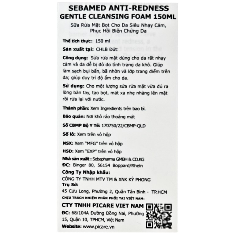 Sữa rửa mặt bọt Anti-Redness Gentle Cleansing Foam Sebamed cho da siêu nhạy cảm, phục hồi biến chứng da (150ml)