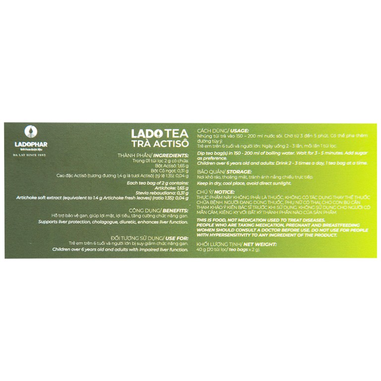 Trà Actisô Premium Ladophar (20 túi lọc x 2g)