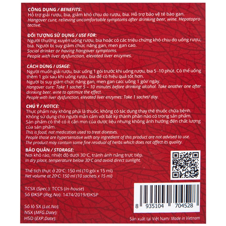 Nước giải rượu bia Ladodetox Nosamin Ladophar hỗ trợ giải rượu, bia, giảm khó chịu (10 gói x 15ml)