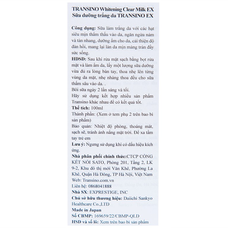 Sữa dưỡng trắng da Transino Whitening Clear Milk EX ngăn ngừa nám (100ml)