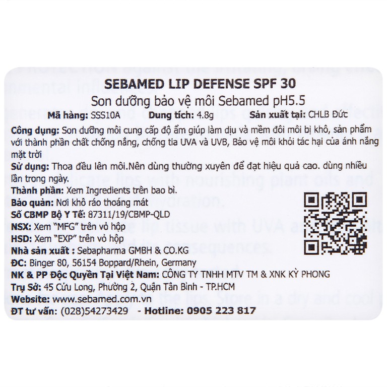 Son dưỡng môi Sebamed Lip Defense dưỡng ẩm, ngăn ngừa khô, nứt môi (4.8g)