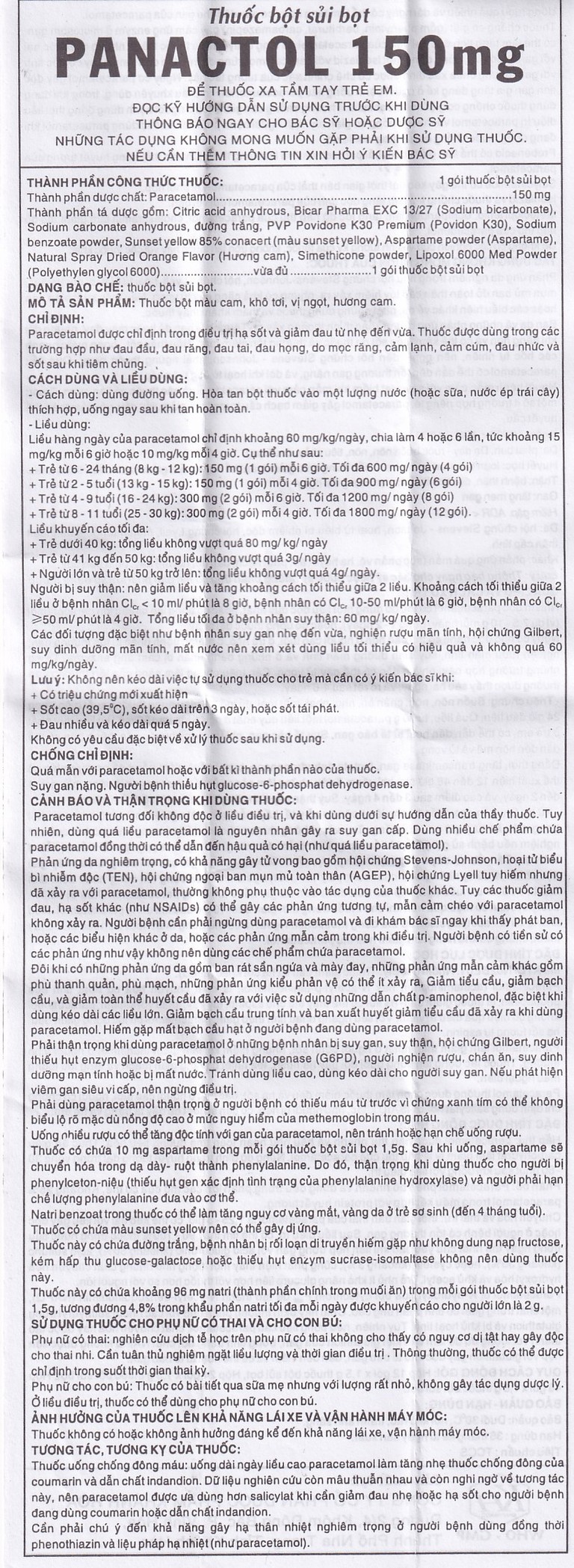Bột sủi Panactol 150mg Khapharco vị ngọt, không đắng, hạ sốt, giảm đau cho trẻ (48 gói x 1.5g)