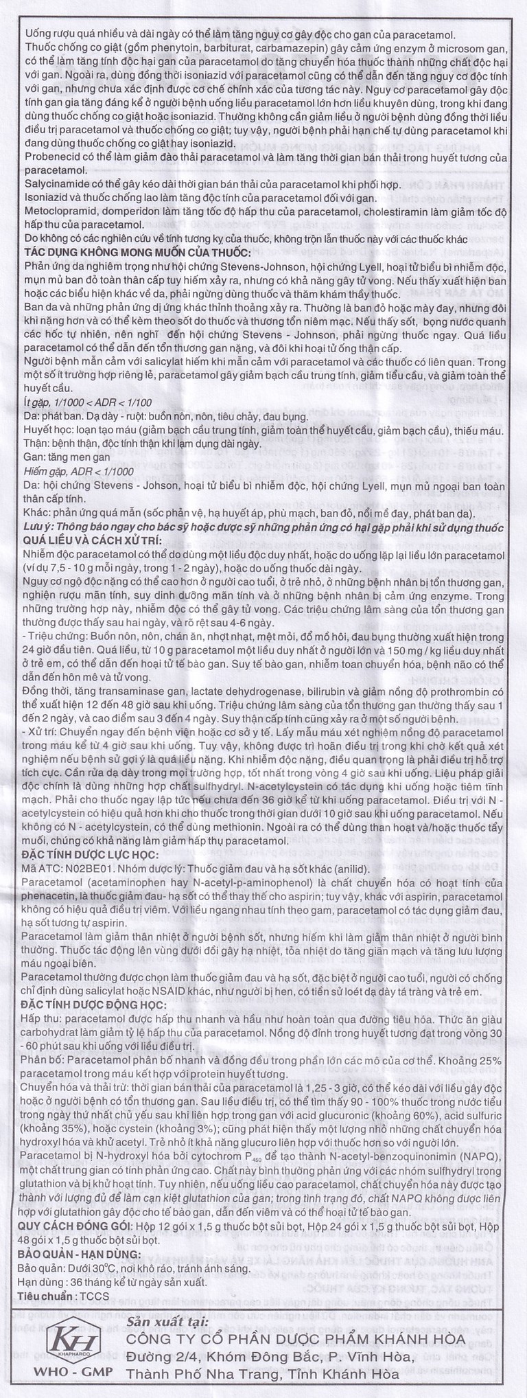 Bột sủi Panactol 250mg Khapharco vị ngọt, không đắng, hạ sốt, giảm đau cho trẻ (48 gói x 1.5g)