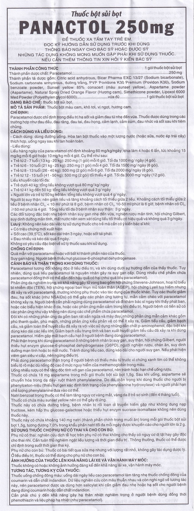Bột sủi Panactol 250mg Khapharco vị ngọt, không đắng, hạ sốt, giảm đau cho trẻ (48 gói x 1.5g)