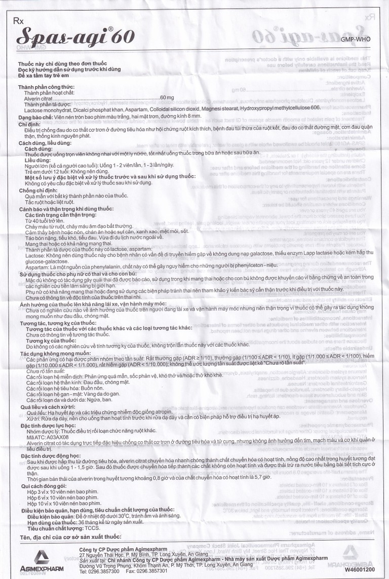 Thuốc Spas-agi 60 Agimexpharm điều trị chống đau do co thắt cơ trơn (60 viên)