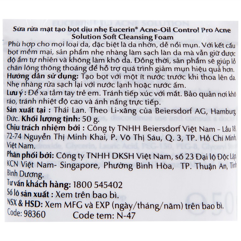Sữa rửa mặt tạo bọt dịu nhẹ Eucerin Acne-Oil Control Pro Acne-Solution kiểm soát dầu, ngăn ngừa mụn (50g)