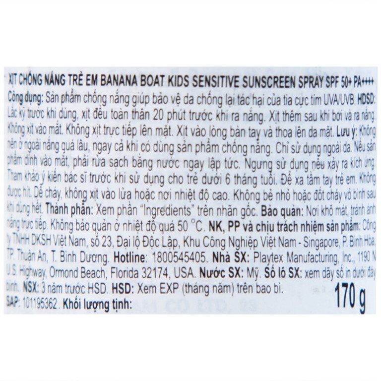 Xịt chống nắng cho trẻ em Banana Boat Kids Sensitive SPF50+ PA++++ bảo vệ da không gây kích ứng (170g)