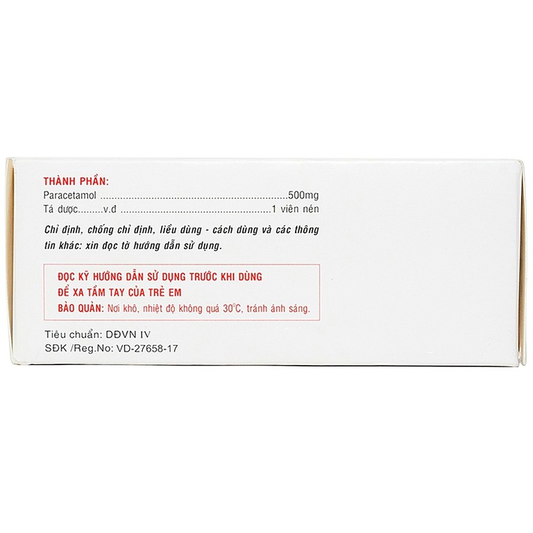 Viên nén Paracetamol 500mg Armepharco điều trị các chứng đau và sốt (10 vỉ x 10 viên) 