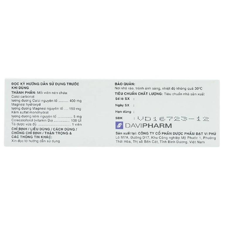 Thuốc Trixlazi DaviPharm bổ sung canxi, magnesi, kẽm và Vitamin D3 (3 vỉ x 10 viên)