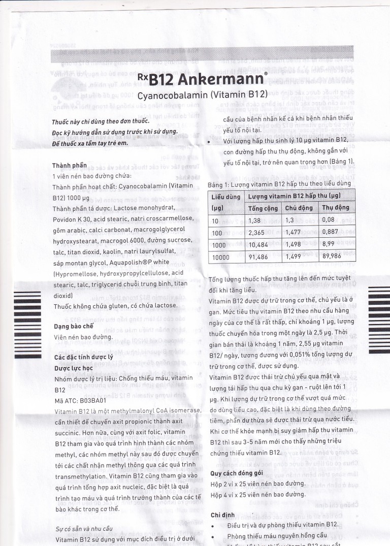Thuốc B12 Ankermann Artesan Pharma điều trị các bệnh thiếu máu, đau dây thần kinh (2 vỉ x 25 viên)