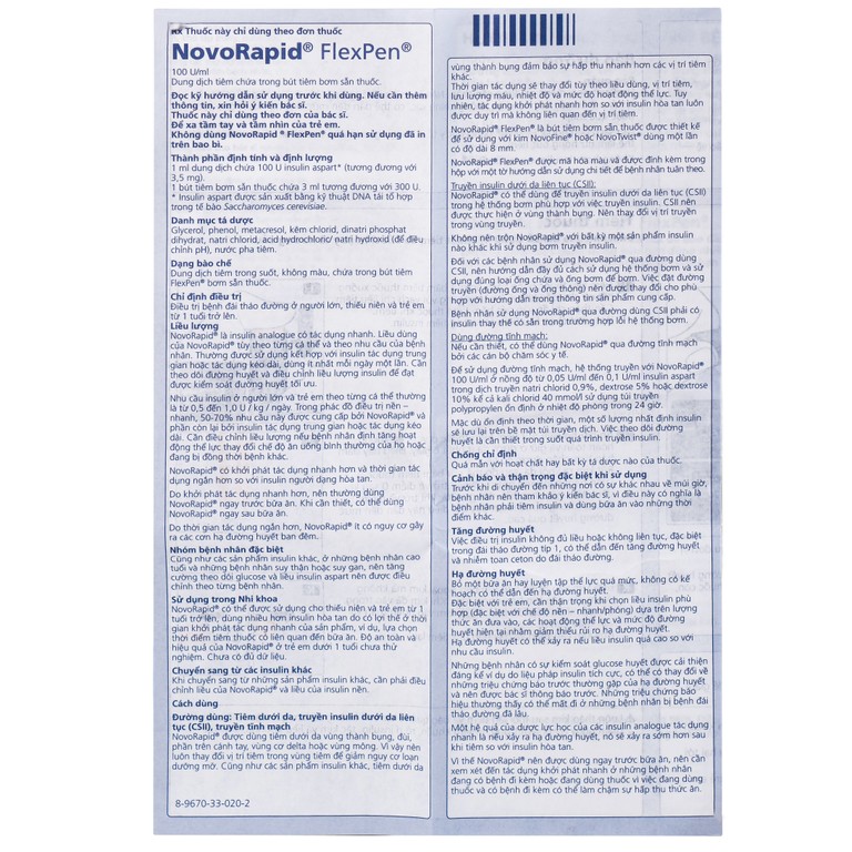Bút tiêm Novorapid FlexPen 100U/ml Novo Nordisk kiểm soát đường huyết (5 cây x 3ml)