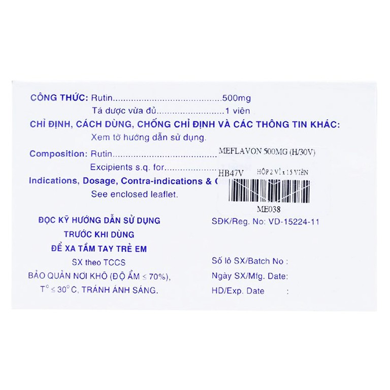 Viên nén Meflavon 500mg Mekophar điều trị hội chứng chảy máu, xơ cứng mạch máu (2 vỉ x 15 viên)