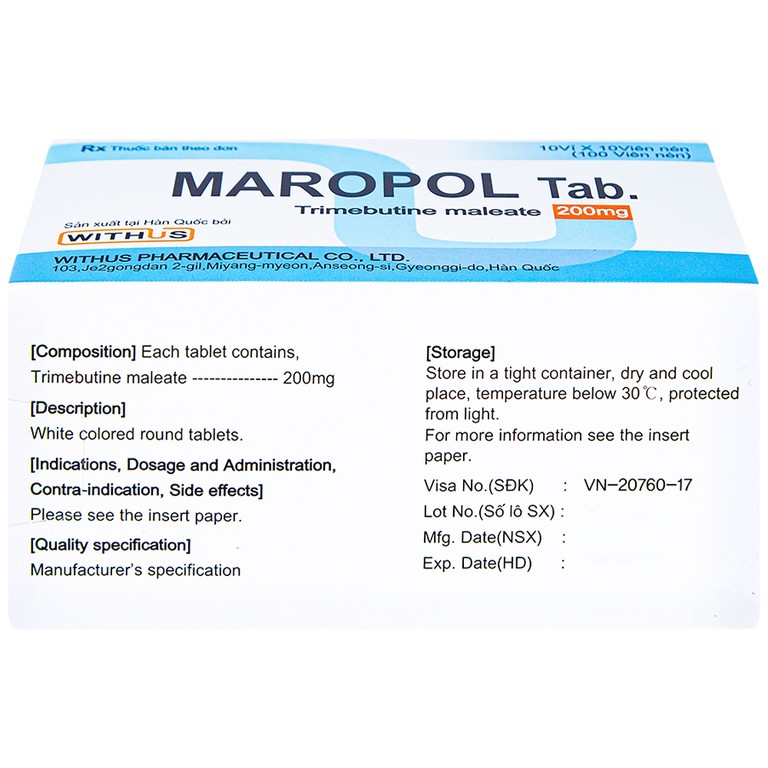 Viên nén Maropol 200mg Withus Pharma điều trị đau do rối loạn chức năng ống tiêu hóa (10 vỉ x 10 viên)