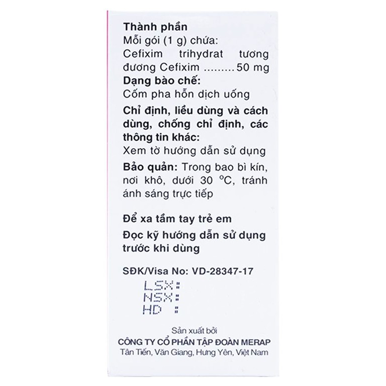 Cốm pha hỗn dịch uống Mecefix-B.E 50mg Merap điều trị viêm tai giữa, viêm xoang (20 gói)