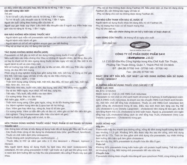 Thuốc Fasthan 20 SaVipharm điều trị rối loạn lipid máu, dự phòng biến cố tim mạch (3 vỉ x 10 viên)