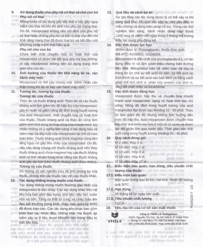 Viên nén Misoprostol Stella 200mcg giảm nguy cơ loét dạ dày (3 vỉ x 10 viên)