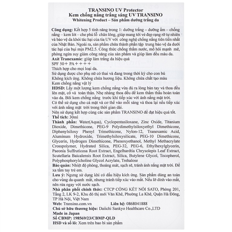 Kem chống nắng Transino Whitening UV Protector SPF 50+ PA++++ dưỡng trắng da, hỗ trợ làm sáng da (30ml)