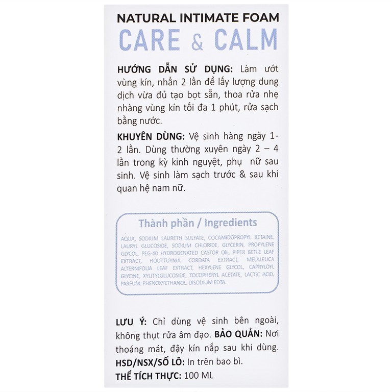 Dung dịch vệ sinh phụ nữ dạng bọt Daily Lady Care và Calm kháng viêm, giảm đau rát (100ml)