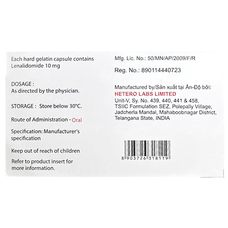 Thuốc Lenalidomide Capsules 10mg Hetero điều trị ung thư (3 vỉ x 10 viên)