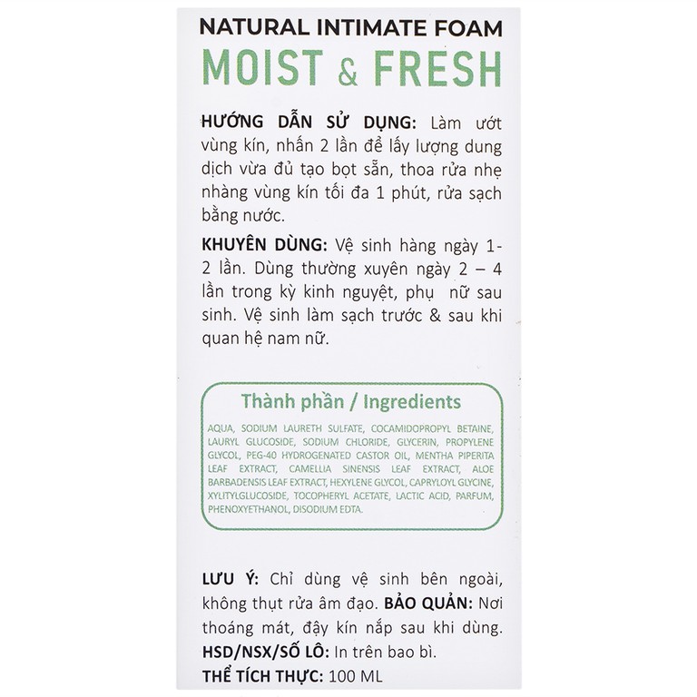 Dung dịch vệ sinh phụ nữ dạng bọt Daily Lady Moist và Fresh khử khuẩn khử mùi (100ml)