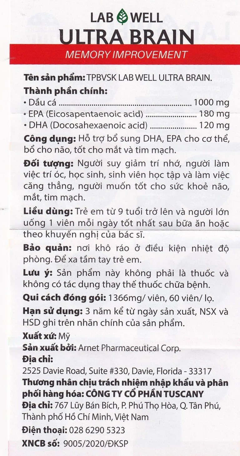 Viên uống Ultra Brain Lab Well hỗ trợ bổ sung DHA, EPA cho cơ thể (60 viên)