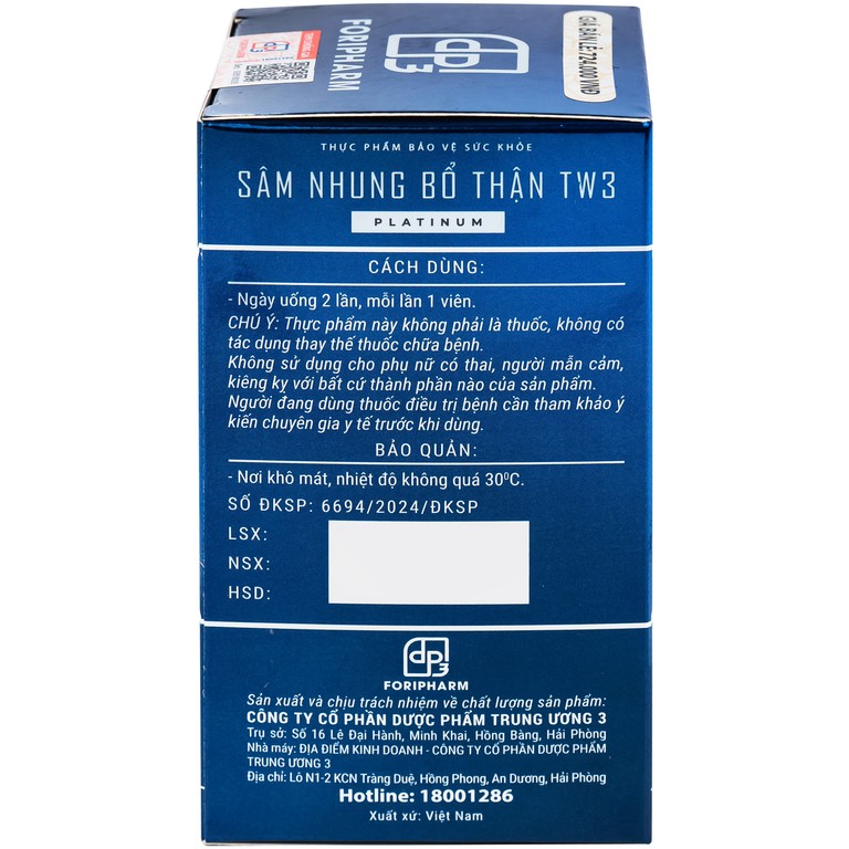 Sâm Nhung Bổ Thận TW3 Platinum hỗ trợ bổ thận tráng dương (60 viên)