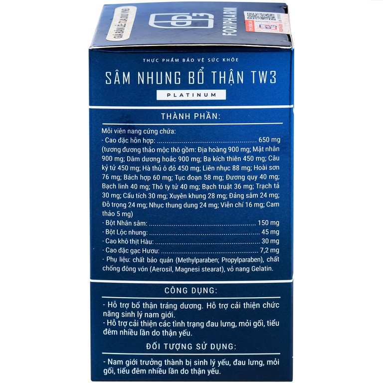 Sâm Nhung Bổ Thận TW3 Platinum hỗ trợ bổ thận tráng dương (60 viên)