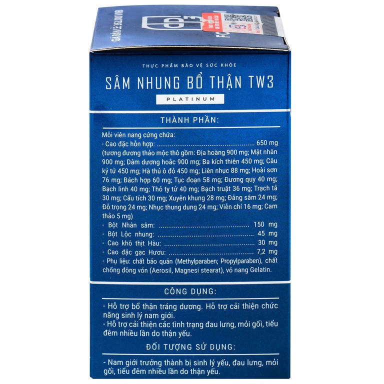 Sâm Nhung Bổ Thận TW3 Platinum hỗ trợ bổ thận tráng dương (30 viên)