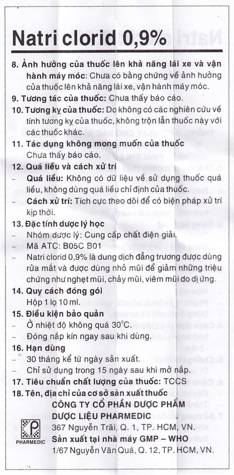 Thuốc nhỏ mắt, nhỏ mũi Natri Clorid 0,9% Pharmedic hỗ trợ rửa mắt, rửa mũi, phụ trị nghẹt mũi, sổ mũi (10ml)