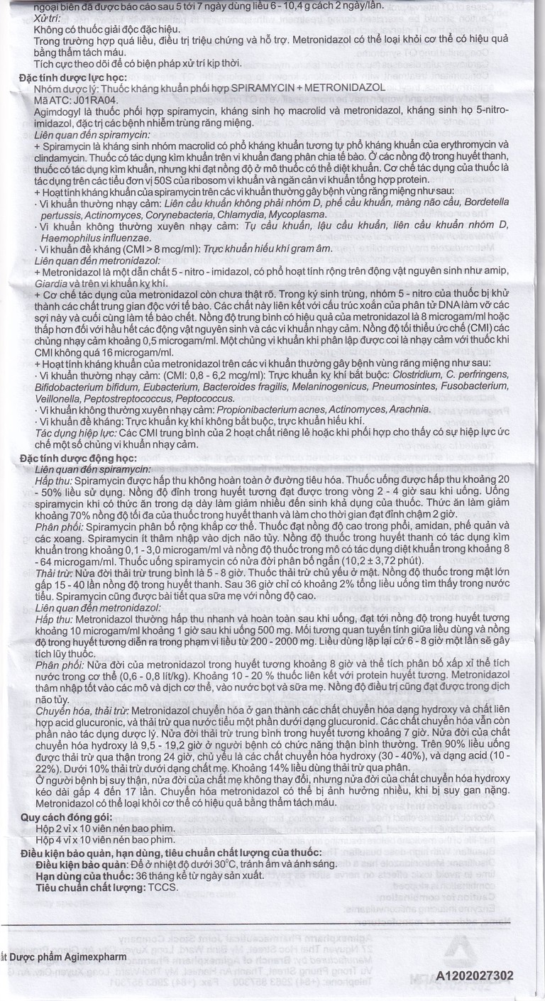 Thuốc Agimdogyl 125mg/750000IU Agimexpharm điều trị nhiễm trùng răng miệng cấp tính, mạn tính (2 vỉ x 10 viên)