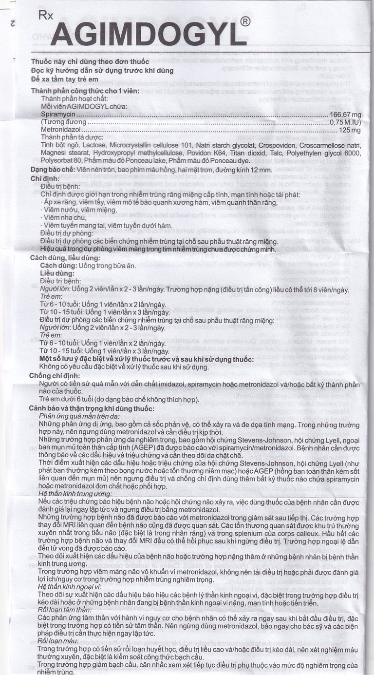 Thuốc Agimdogyl 125mg/750000IU Agimexpharm điều trị nhiễm trùng răng miệng cấp tính, mạn tính (2 vỉ x 10 viên)