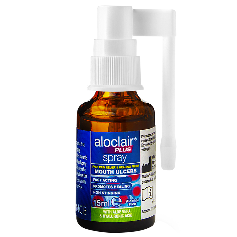 Chai xịt Aloclair Plus Spray giảm đau nhanh bệnh tay chân miệng, nhiệt miệng, chỉnh nha, nhổ răng (15ml)