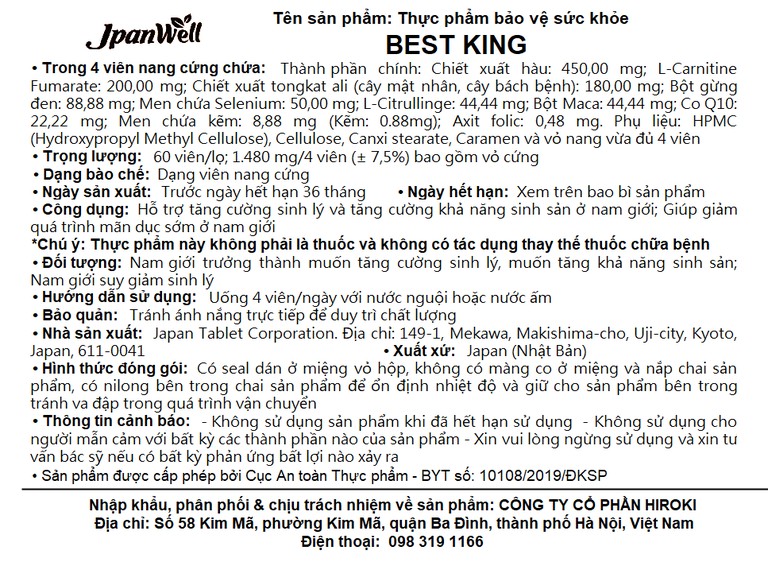 Viên uống Best King Jpanwell hỗ trợ tăng cường sinh lý và khả năng sinh sản ở nam giới (60 viên)