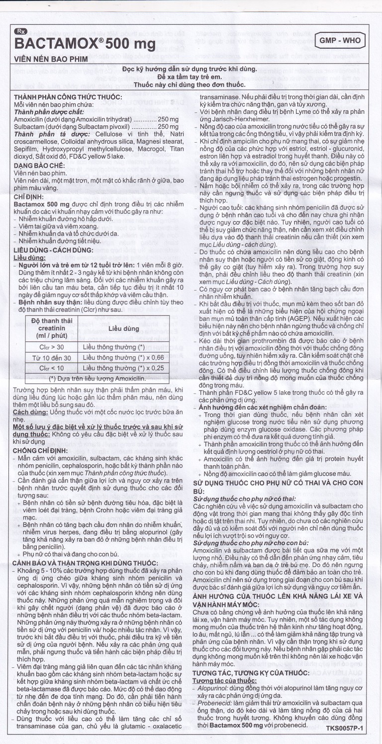 Thuốc Bactamox 500mg Imexpharm điều trị nhiễm khuẩn đường hô hấp dưới, viêm tai giữa (2 vỉ x 7 viên)
