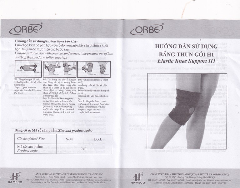 Băng thun gối H1 màu đen size S/M Orbe hỗ trợ vận động khi chơi thể thao