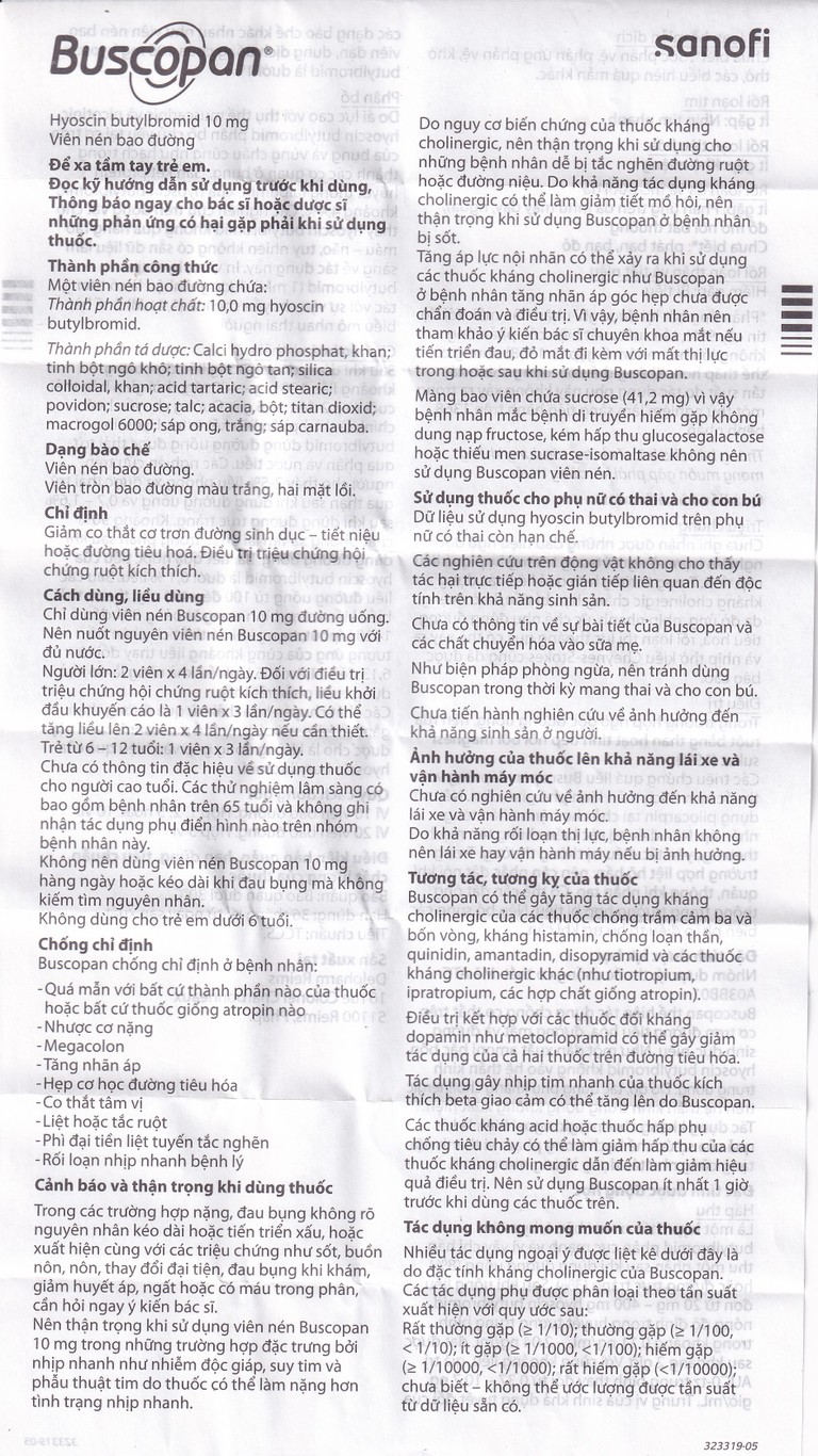 Thuốc Buscopan 10mg Sanofi giảm co thắt cơ trơn đường sinh dục – tiết niệu (5 vỉ x 20 viên)