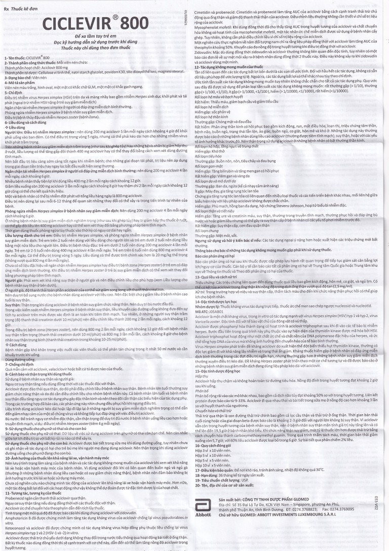 Thuốc Ciclevir 800 Abbott điều trị nhiễm virus Herpes simplex tuýp 1 và 2 (10 vỉ x 5 viên)