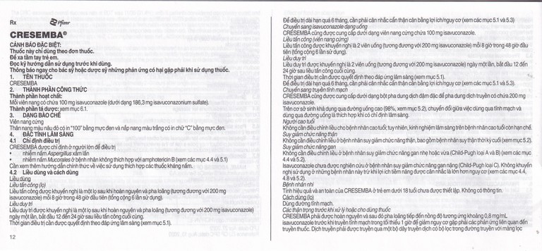 Thuốc Cresemba 100mg Pfizer điều trị nhiễm nấm Aspergillus xâm lấn và nhiễm nấm Mucorales (2 vỉ x 7 viên)