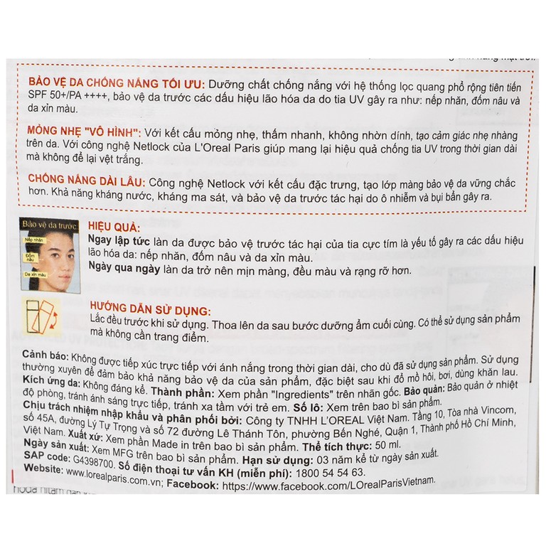 Kem chống nắng L’Oréal UV Defender UV Serum Protector Invisible Fluid SPF 50+ PA++++ bảo vệ da (50ml)