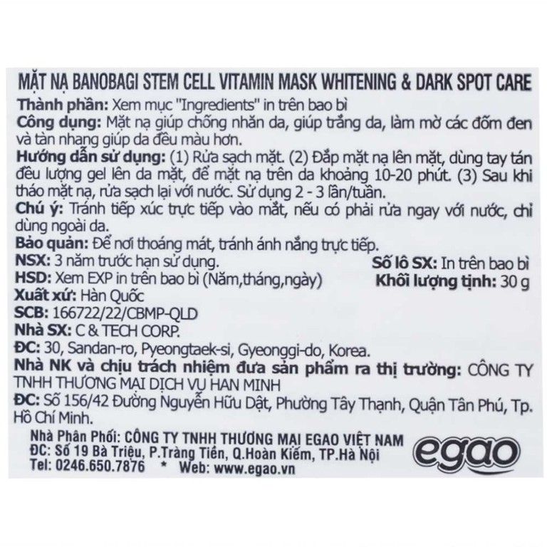 Mặt nạ Banobagi Stem Cell Vitamin Mask Whitening & Dark Spot Care chống nhăn da, trắng da, mờ nám (30g)