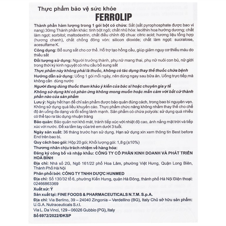 Sắt Ferrolip Uga hỗ trợ tạo hồng cầu, giúp giảm nguy cơ thiếu máu do thiếu sắt (20 gói)