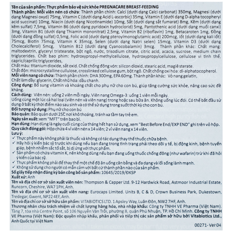 Viên uống Pregnacare Breast Feeding Vitabiotics bổ sung vitamin và khoáng chất cho phụ nữ cho con bú (6 vỉ x 14 viên)