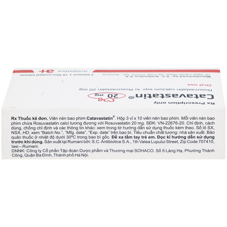 Thuốc Catavastatin 20mg Antibiotice điều trị tăng cholesterol máu và phòng ngừa biến cố tim mạch (3 vỉ x 10 viên)