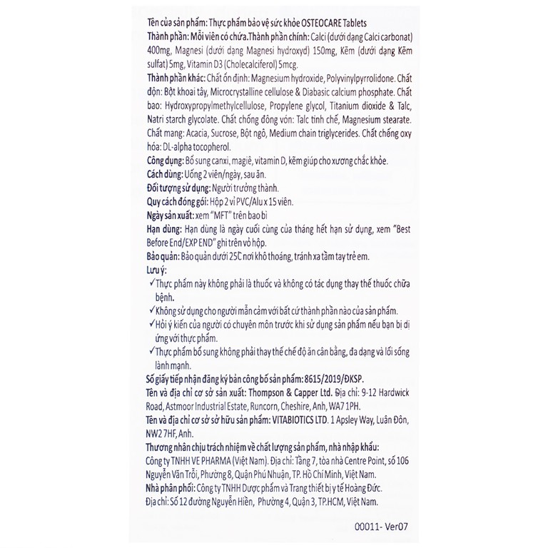 Viên nén Osteocare Vitabiotics bổ sung canxi, khoáng chất cho xương chắc khoẻ (2 vỉ x 15 viên)