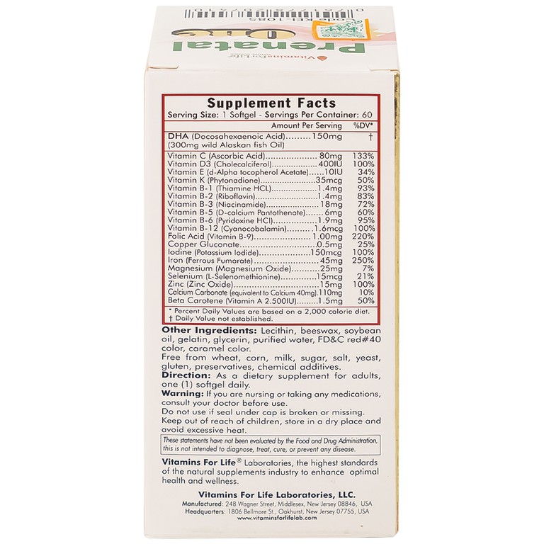 Thực phẩm bảo vệ sức khỏe Prenatal One Vitamins For Life cung cấp DHA, vitamin và khoáng chất 