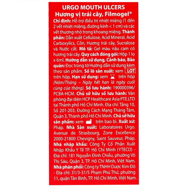 Gel Urgo Mouth Ulcers vị trái cây hỗ trợ điều trị vết loét, vết thương nhỏ trong miệng (6ml)