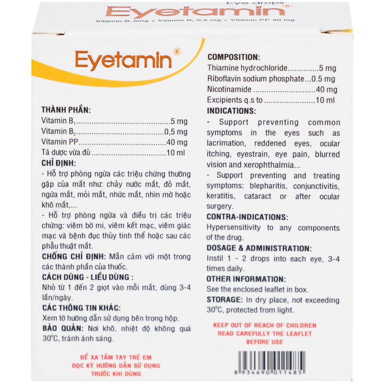 Dung dịch nhỏ mắt Eyetamin 10ml Bidiphar hỗ trợ phòng ngừa các triệu chứng chảy nước mắt, đỏ mắt 