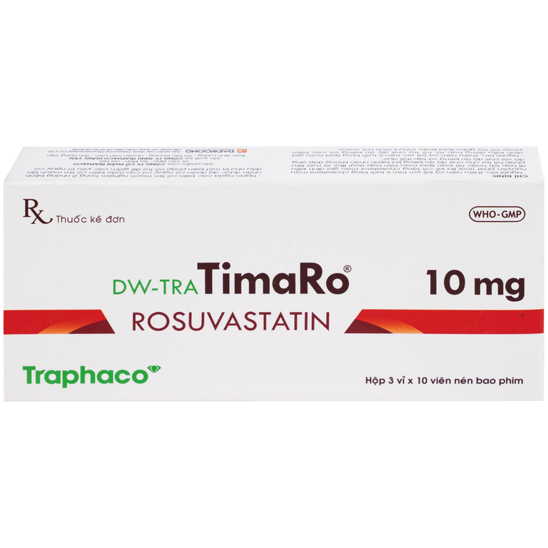 Thuốc DW-TRA TimaRo Rosuvastatin 10mg Traphaco điều trị rối loạn lipid máu ở người lớn và trẻ em (3 vỉ x 10 viên)