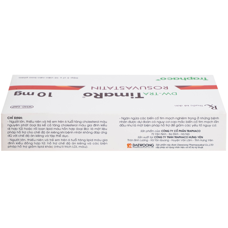 Thuốc DW-TRA TimaRo Rosuvastatin 10mg Traphaco điều trị rối loạn lipid máu ở người lớn và trẻ em (3 vỉ x 10 viên)