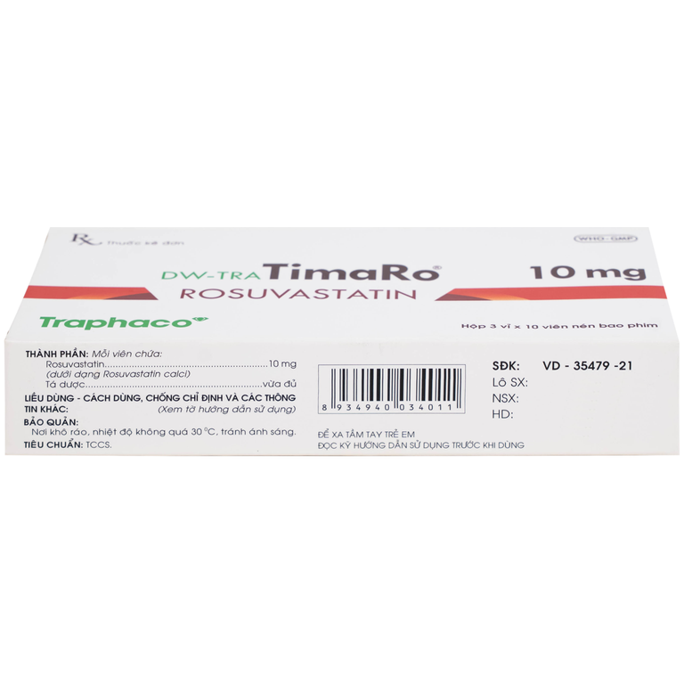 Thuốc DW-TRA TimaRo Rosuvastatin 10mg Traphaco điều trị rối loạn lipid máu ở người lớn và trẻ em (3 vỉ x 10 viên)